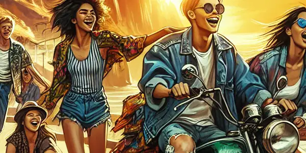 A joyful group of young travelers riding a vintage motorcycle along a scenic coastal highway at sunset.