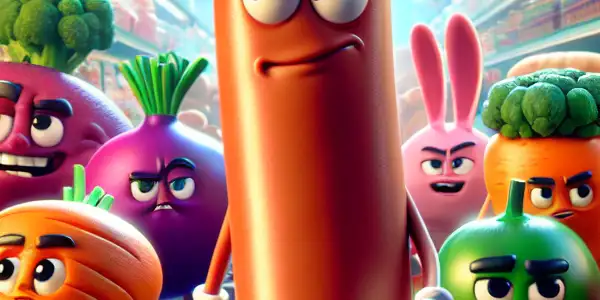 A lively supermarket scene featuring anthropomorphic food items, led by a charismatic sausage named Frank, exploring their existence.