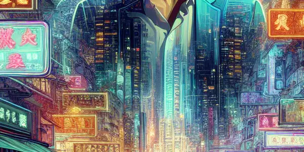 A determined young man navigates bustling Hong Kong streets, surrounded by neon lights and diverse characters in a vibrant urban scene.