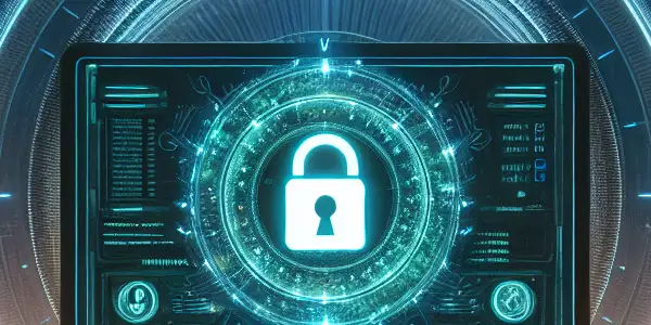 A high-tech computer setup showcasing abstract adult content, surrounded by symbols of cybersecurity and privacy.