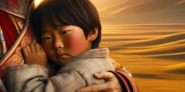 A Mongolian mother cradles a Han Chinese orphan against a serene steppe sunset, symbolizing love and cultural unity.