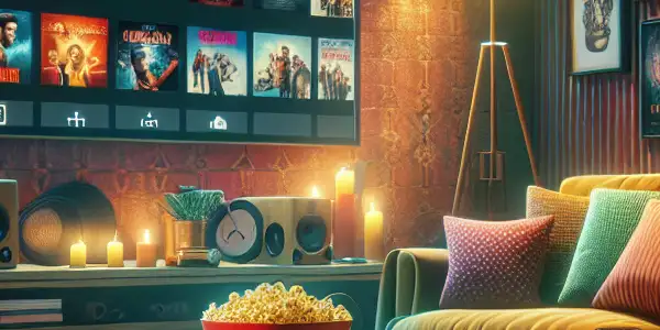 A cozy home theater with plush seating, a large screen, popcorn, and movie DVDs in a warm atmosphere.