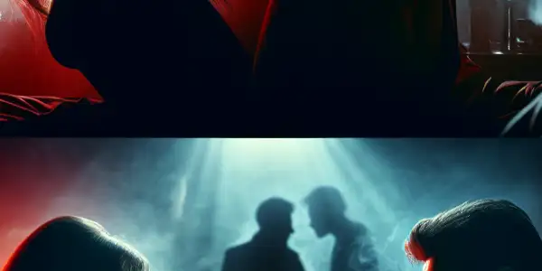 A split scene depicting infidelity: a passionate encounter on one side, and a sorrowful divorce on the other.