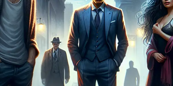 A twilight urban scene with three characters: a disheveled young man, a wealthy man, and an enigmatic woman, amidst crumbling buildings.