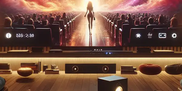 A cozy home entertainment setup with a large screen, plush seating, and ambient lighting for adult film viewing.