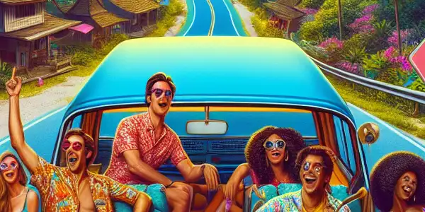 A vibrant road trip scene in Thailand featuring a colorful retro van and diverse characters enjoying adventure and humor.