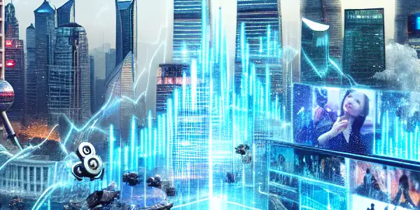 A vibrant Shanghai financial district with futuristic skyscrapers, stock market displays, and film industry symbols like cameras and posters.