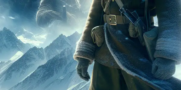 A resolute border soldier stands on a snow-capped mountain, embodying dedication and sacrifice against a breathtaking landscape.