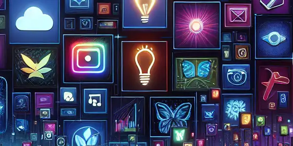 A futuristic digital interface showcasing diverse adult content thumbnails with holographic screens and neon lights.