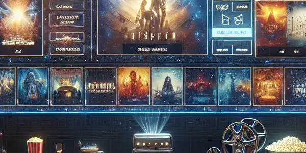 A modern home theater featuring a sleek movie streaming interface, cozy seating, and cinematic decor elements.