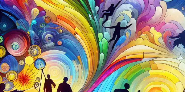 A vibrant poster featuring colorful abstract patterns and silhouettes of characters symbolizing growth and adventure in a dreamy landscape.