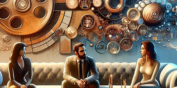 A cozy living room scene with diverse individuals discussing the cultural impact of quality adult content.