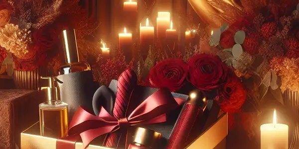 An intimate, cozy setting featuring a luxurious gift box filled with romantic items and soft, warm lighting.