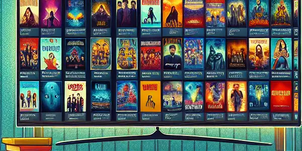 A cozy living room with a large TV displaying movie thumbnails, popcorn, and a city skyline at twilight.