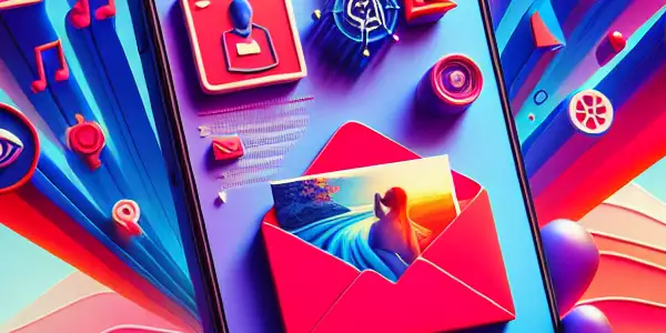 A smartphone displaying a vibrant digital red envelope, symbolizing privacy and excitement in a playful, modern landscape.