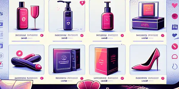A modern online adult toy store interface featuring various products in a cozy, inviting home setting.