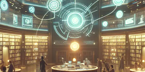 A futuristic library with glowing shelves of adult-themed books, featuring diverse people engaged in exploration.