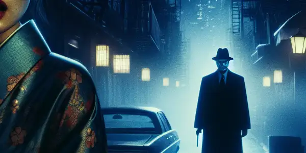 A Japanese woman witnesses a crime in a dimly lit New York alley, filled with fear and confusion.