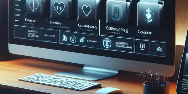 A modern digital workspace featuring an organized computer screen for curated adult content folders, surrounded by high-tech gadgets.