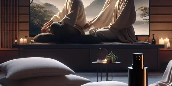 A cozy, dimly-lit room with a plush sofa and a screen showing a romantic Japanese adult film, promoting relaxation and connection.