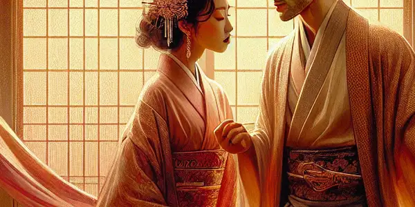 A romantic couple in a luxurious Japanese bedroom, embodying intimacy and desire amidst traditional decor and soft lighting.