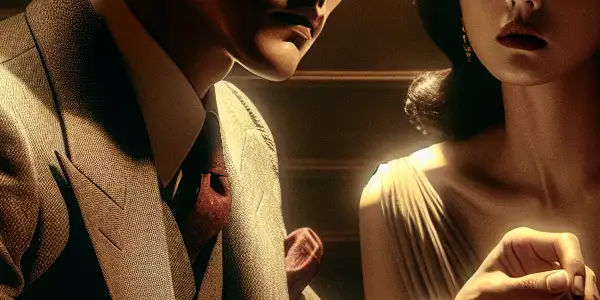 A tense moment between a brooding man in a suit and an elegant woman, filled with longing and secrecy.