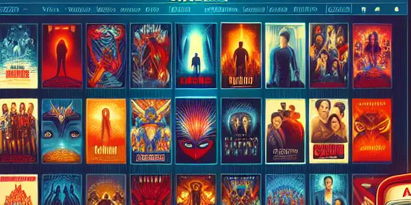 A modern cinema interface displaying colorful movie posters in a cozy, inviting theater setting.