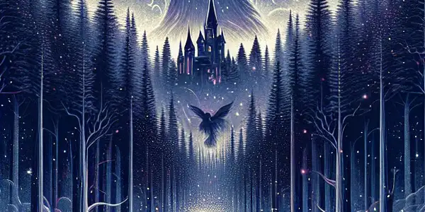 A twilight-lit forest scene with a vampire and human embracing under a full moon, surrounded by magical elements.