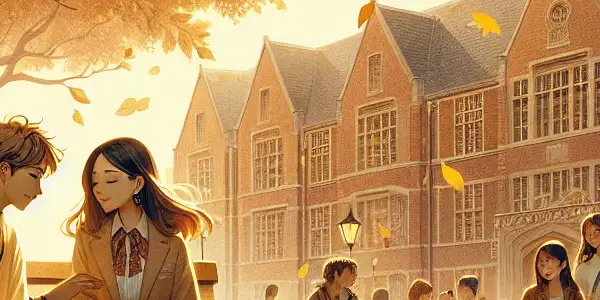 A vibrant university campus in autumn, depicting two students sharing a tender moment under a tree.