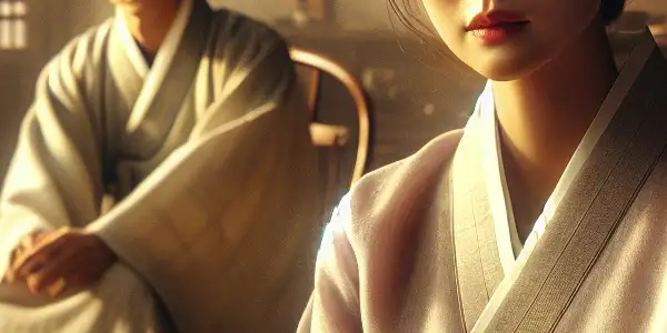 A serene living room with a grieving woman in traditional attire and a contemplative young man, symbolizing complex emotions.