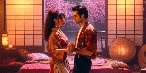 A nostalgic Japanese bedroom scene featuring a couple in an intimate moment, surrounded by vintage decor and cherry blossoms.