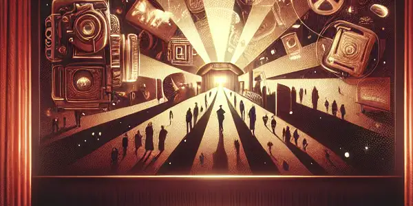 A nostalgic collage of a vintage cinema featuring suggestive silhouettes and classic Japanese AV themes.