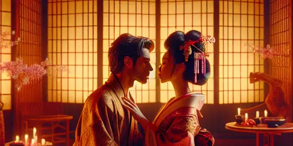 A romantic couple in traditional attire shares an intimate moment in a serene Japanese room with cherry blossoms.