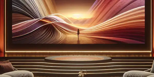 A modern living room with a large screen displaying romantic visuals, ambient lighting, and hints of Japanese culture.