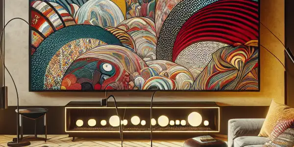 A stylish living room with a silhouette watching abstract erotic imagery on a large screen, exuding intimacy and sophistication.