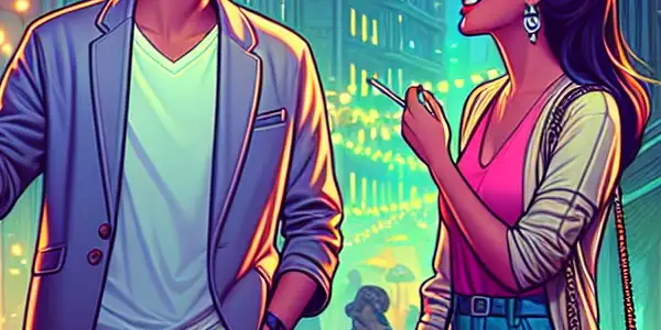 A lively city street at dusk featuring a playful couple, heart-shaped balloons, and a cozy cafe atmosphere.