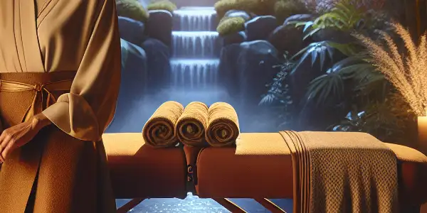 A serene massage room featuring a confident female therapist, ambient lighting, and elements of Japanese culture.