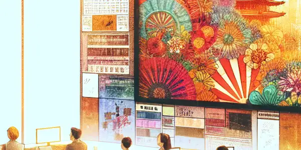 A modern film school classroom focused on Japanese AV cinema, featuring students engaged in creative discussions and storytelling.