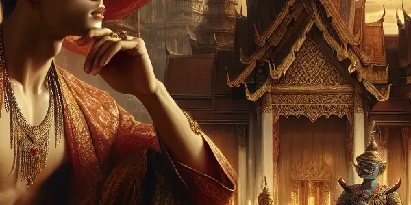 A contemplative young man in traditional Thai attire surrounded by opulent decor, hinting at forbidden romance and sensuality.