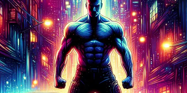 A muscular warrior stands heroically in a chaotic urban scene, surrounded by explosions and seductive silhouettes.