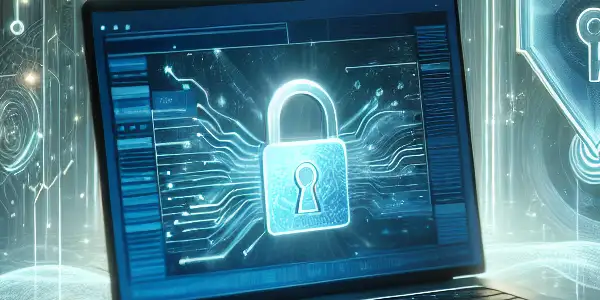 A modern computer setup displaying a secure adult content platform, surrounded by symbols of safety and privacy.