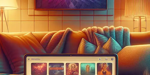 A cozy room with a laptop, tea, wellness books, and calming decor, emphasizing relaxation and self-care.<a href=