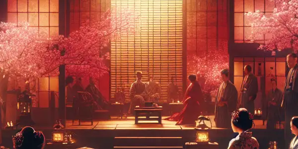 A Japanese film set featuring traditional aesthetics, diverse actors in elegant costumes, and a romantic ambiance.
