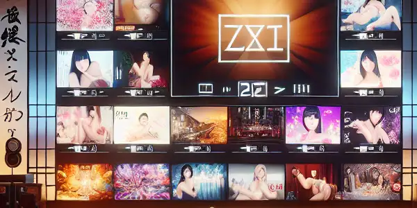 A modern, high-tech room showcasing vibrant adult film visuals with plush furniture and subtle Japanese cultural elements.