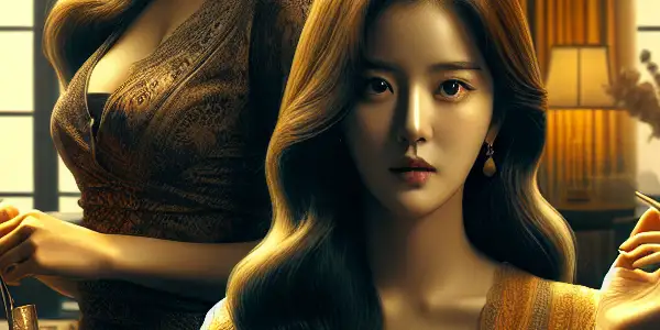 A mysterious young woman in a stylish outfit stands in a dimly lit living room, hinting at family tensions.