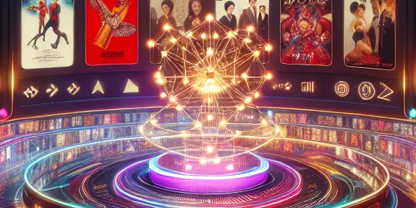 A modern online cinema environment featuring diverse users browsing a variety of film posters in a cozy, inviting space.