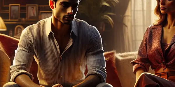 A tense moment between a young man and his alluring stepmother in a luxurious, dimly lit living room.