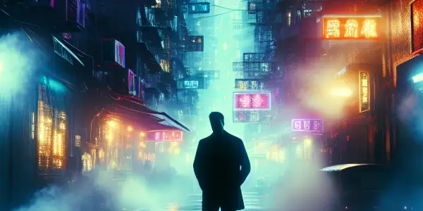 A dimly lit Hong Kong alleyway with neon lights, rain-soaked pavement, and a distressed figure in the foreground.