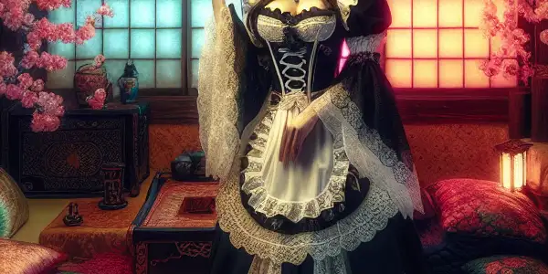 A captivating maid in a traditional Japanese room, surrounded by cherry blossoms and elegant decor.