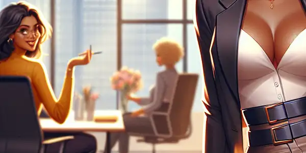 A lively office scene featuring confident female coworkers engaged in playful interactions amidst modern decor and natural light.